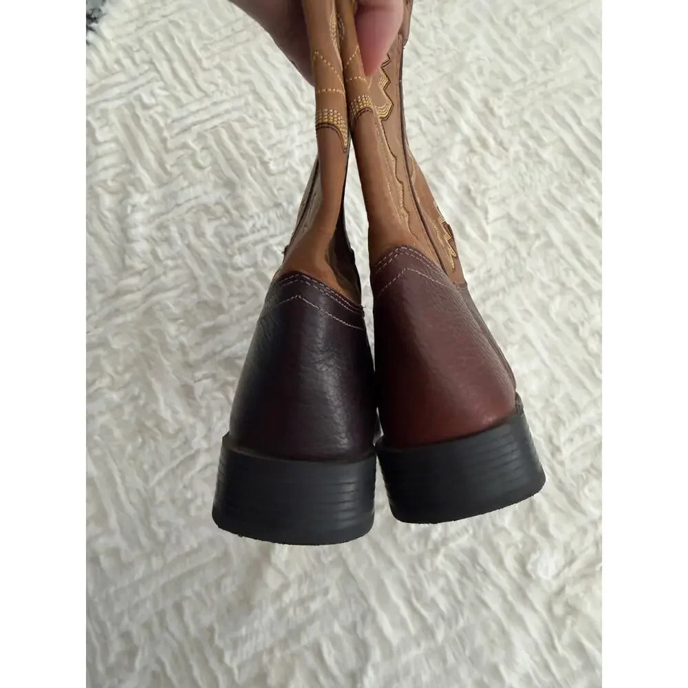 Old West 1936 Youth Tan Rust Round Toe Leather Cowboy Western Boots Ranch Rodeo